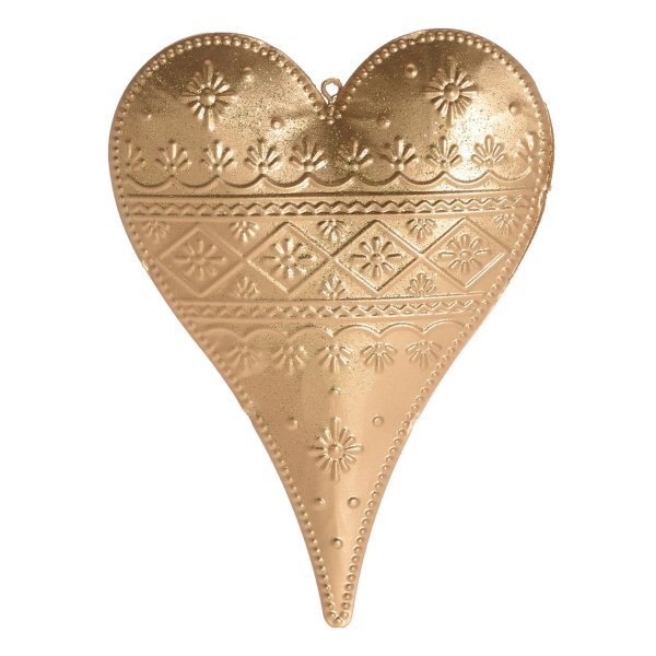 Χριστουγεννιάτικη Κρεμαστή Μεταλλική Καρδιά, Χρυσή με Ανάγλυφα Σχέδια (10cm)